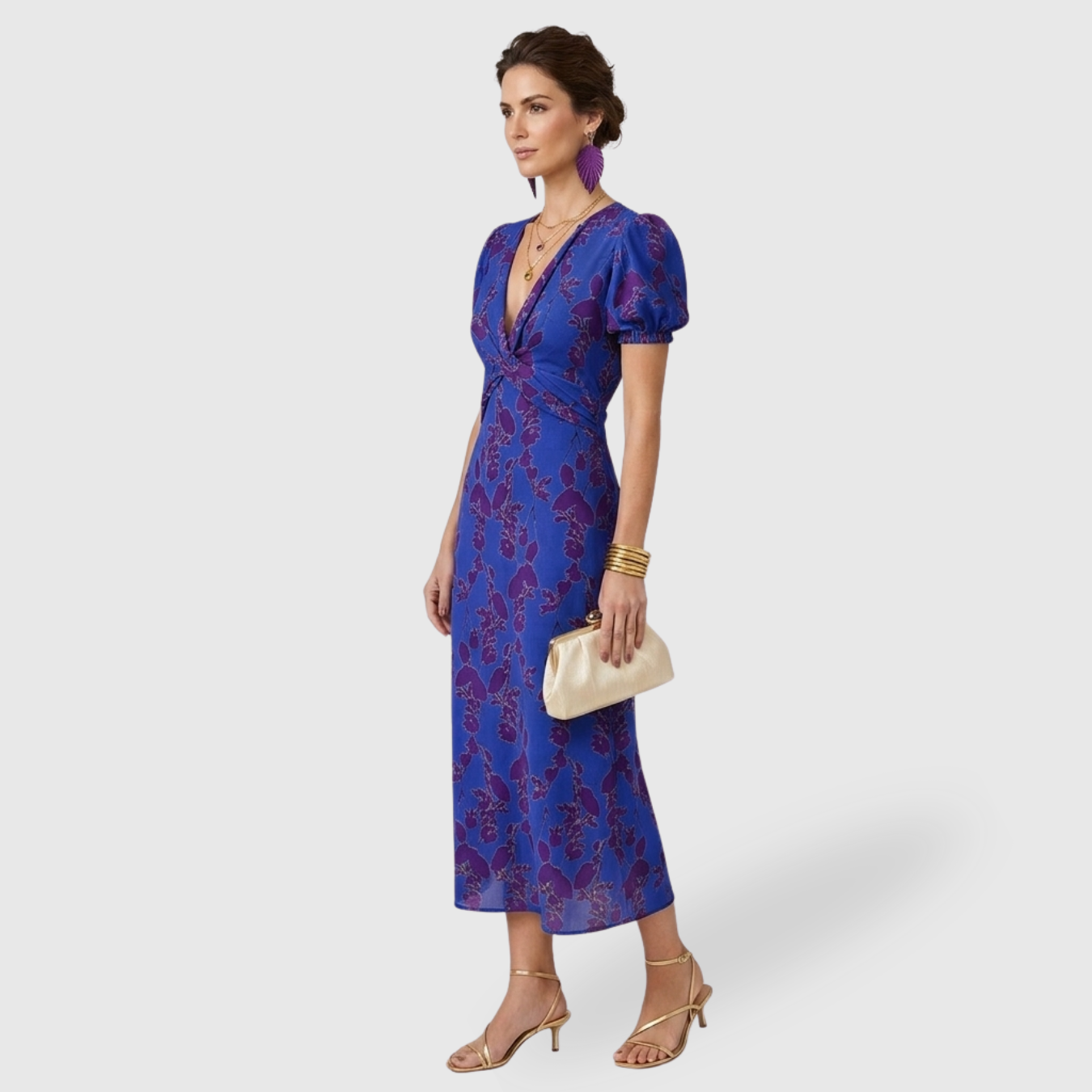 Robe longue femme fluide manches courtes col V taille ajustée été