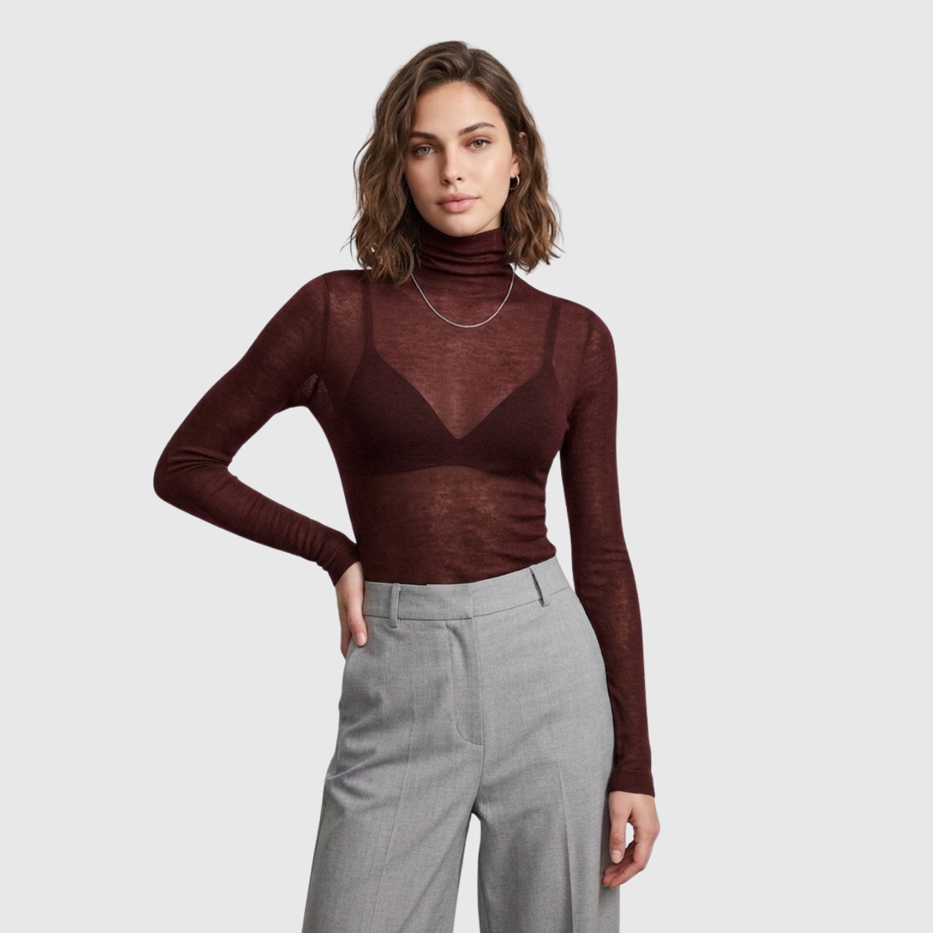 Pull col roulé femme laine mélangée transparent manches longues