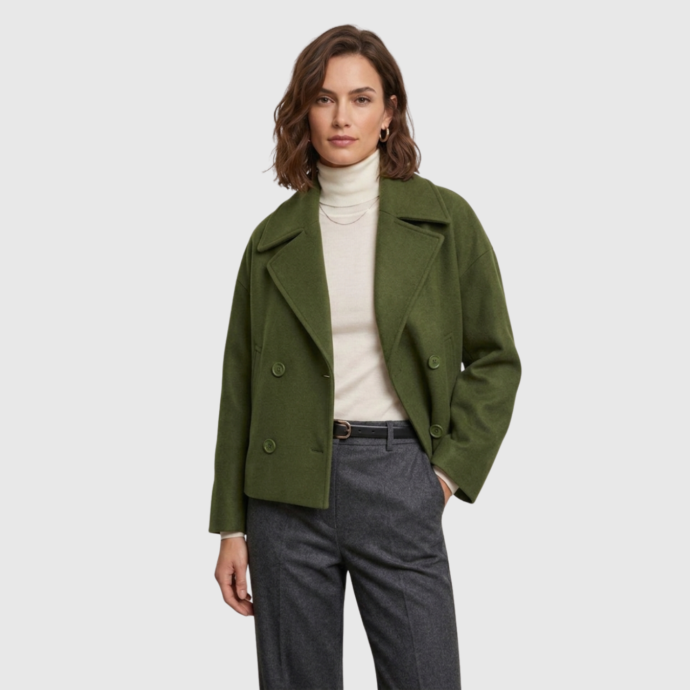 Manteau court femme croisé col large manches longues coupe droite