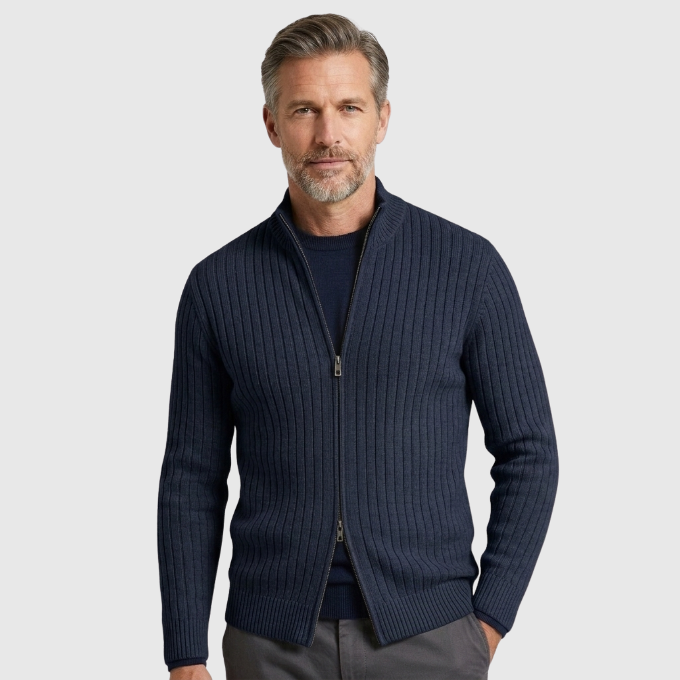 Gilet homme maille côtelée zippé col montant coupe ajustée