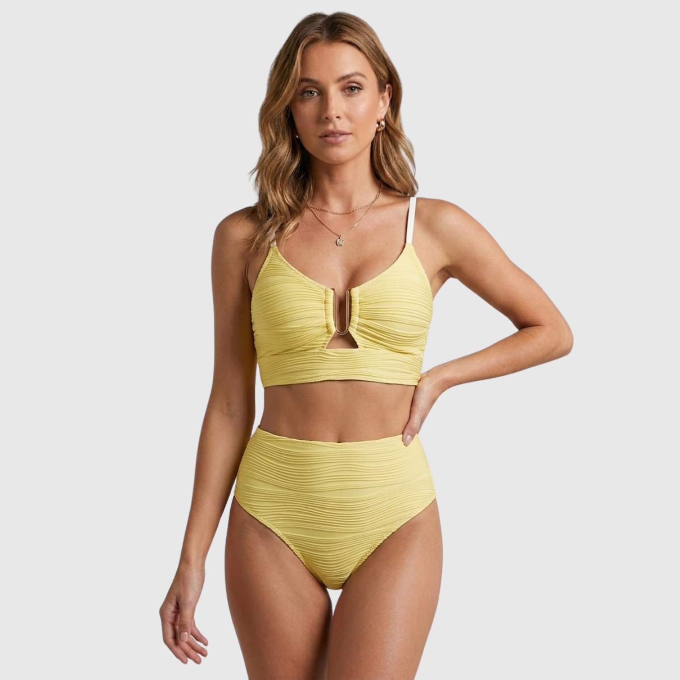 Bikini taille haute femme texturé avec découpe U et deux pièces