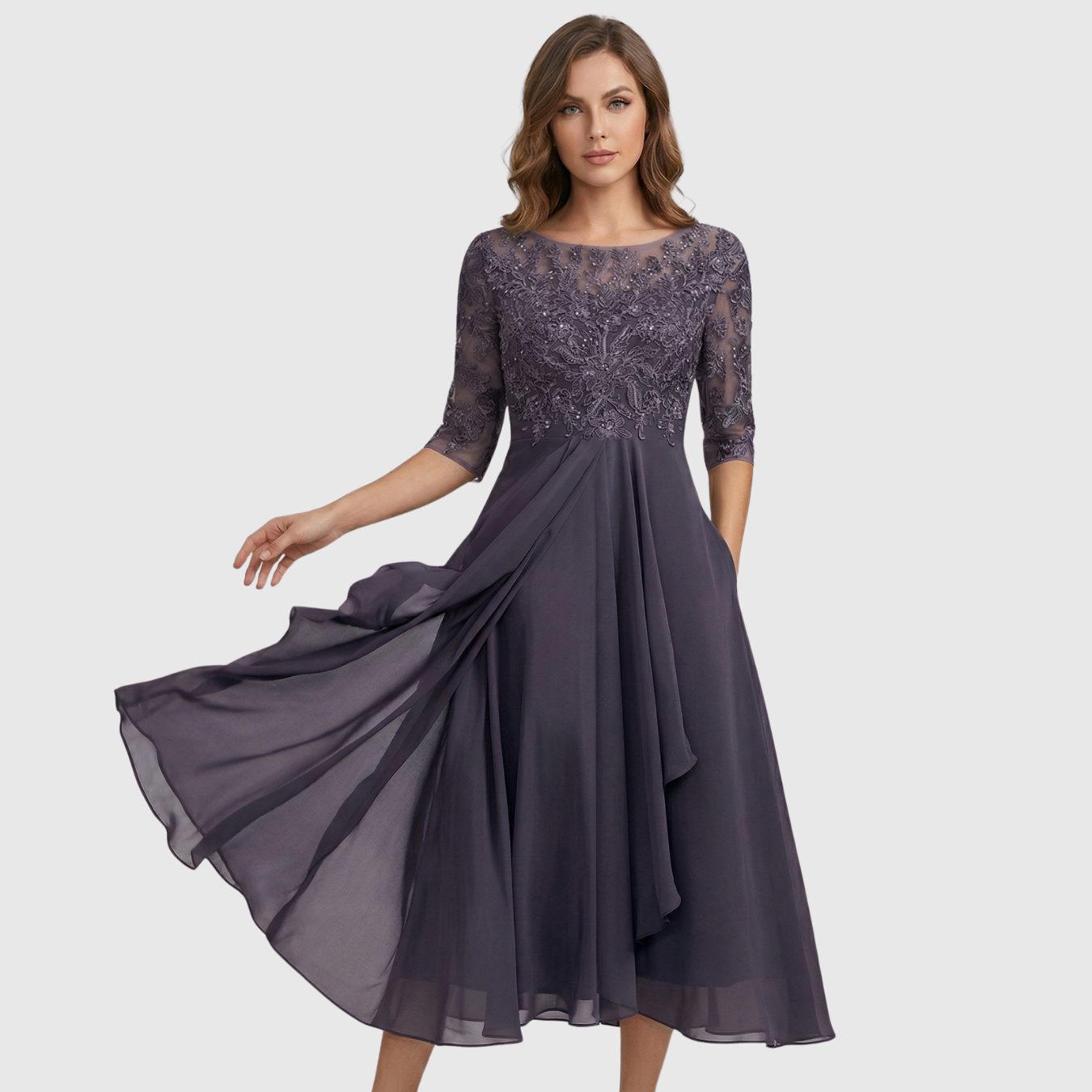 Robe midi femme brodée manches courtes transparentes coupe évasée