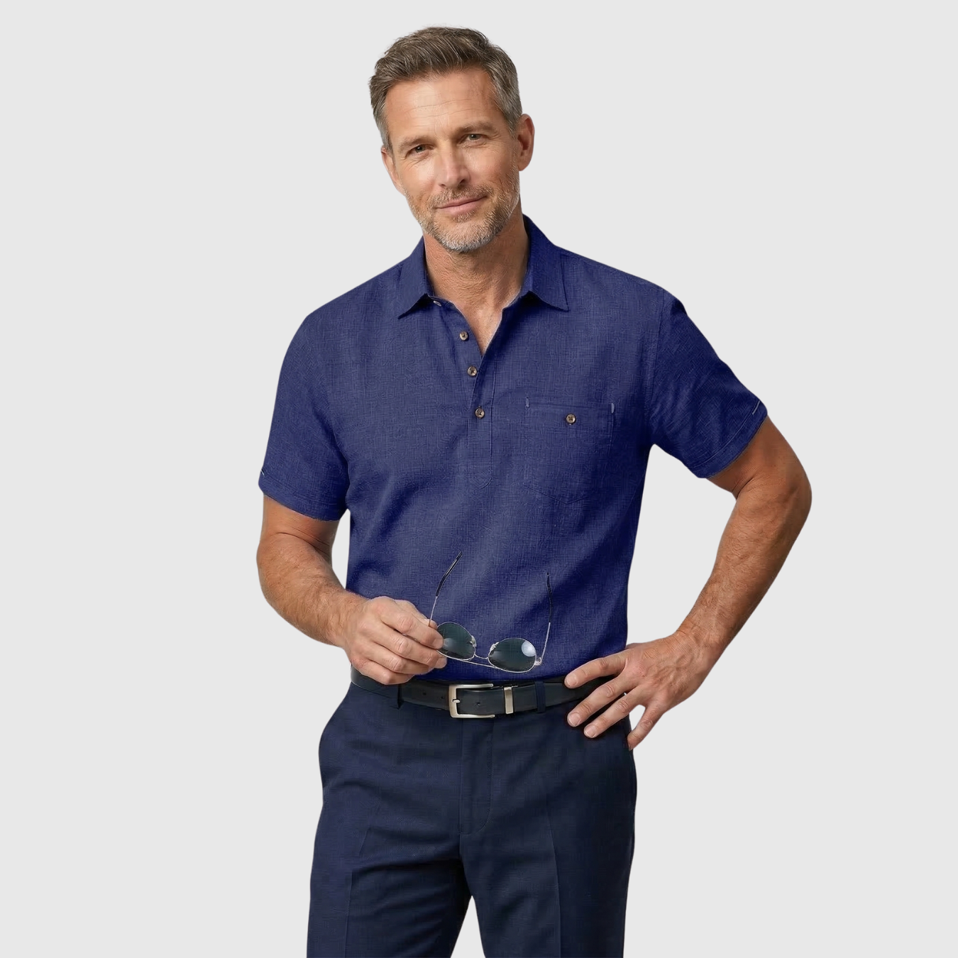 Polo homme en lin manches courtes col boutonné coupe décontractée été