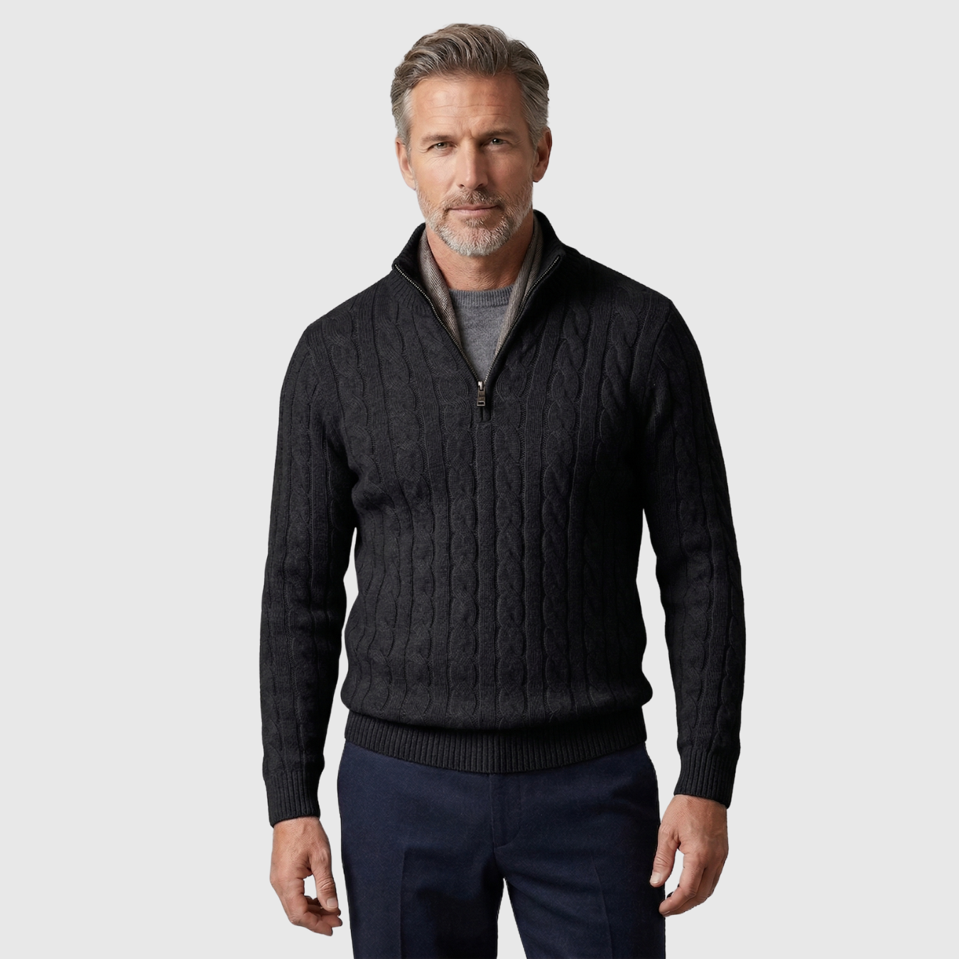 Pull homme col camionneur maille torsadée manches longues fermeture zippée
