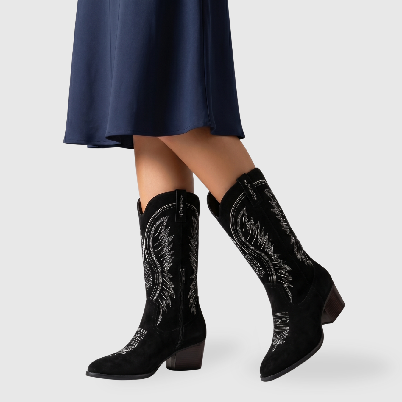 Bottes cowboy femme mi-mollet talon épais bout pointu style western