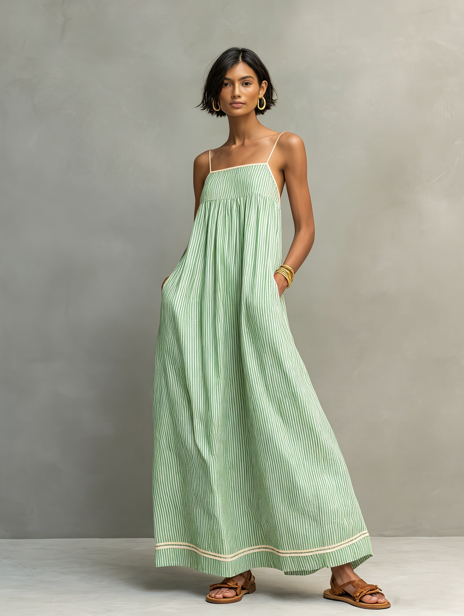 Robe maxi femme rayée minimaliste bretelles spaghetti