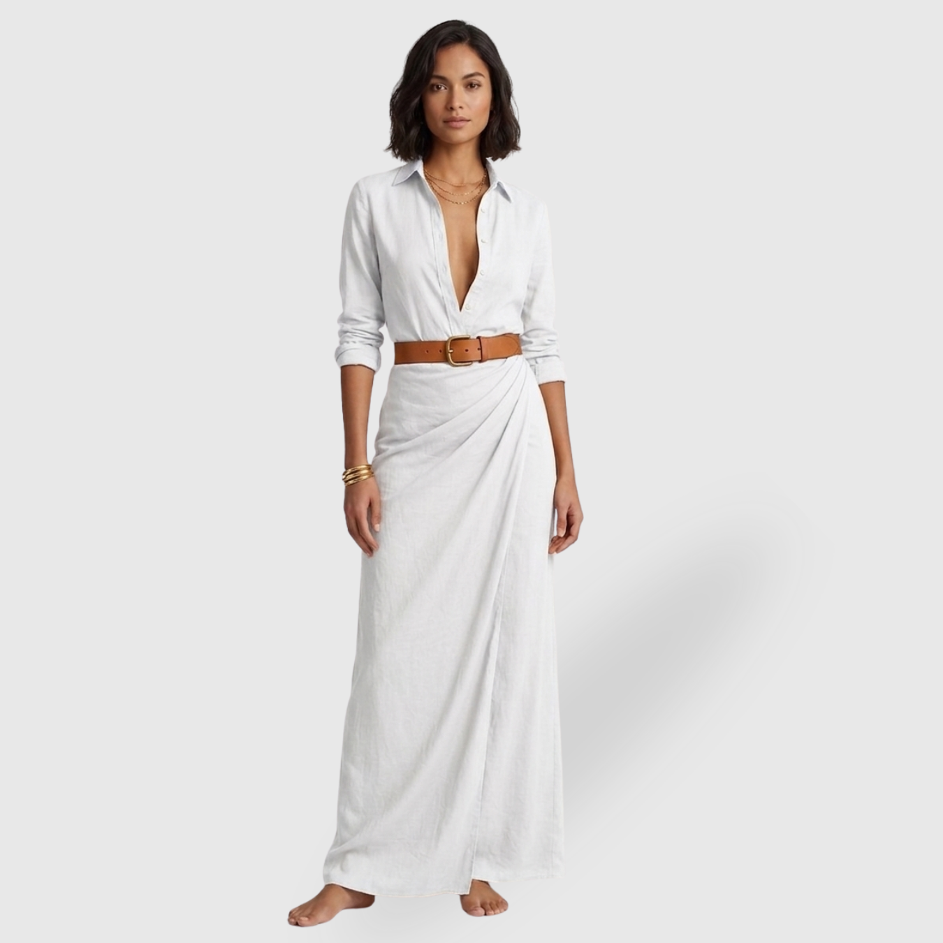 Robe longue portefeuille femme col revers manches longues