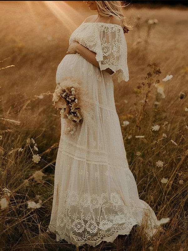 Robe Maternité Longue Dentelle Épaules Dénudées Volants