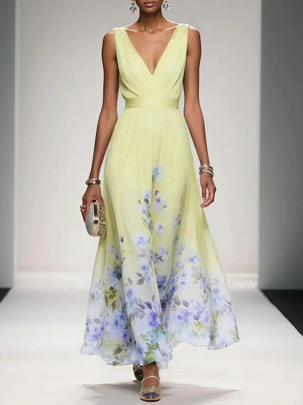 Robe Longue Femme Imprimée Fleurie Col V Cérémonie Mariage