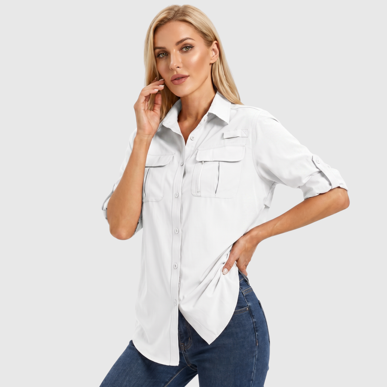 Chemise femme manches longues boutonnée poches safari coupe décontractée
