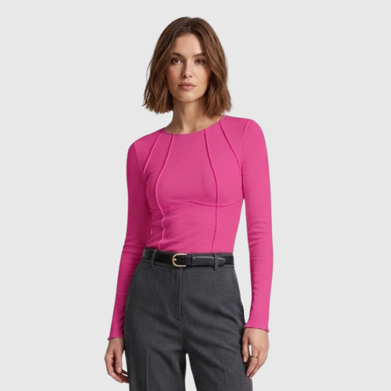 Top manches longues femme ajusté détail piping col rond