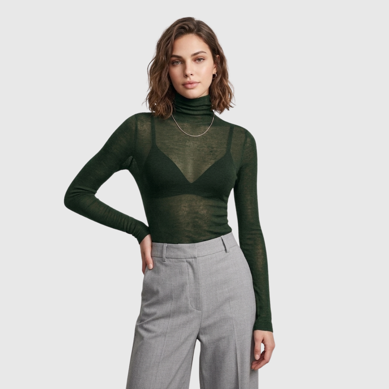 Pull col roulé femme laine mélangée transparent manches longues