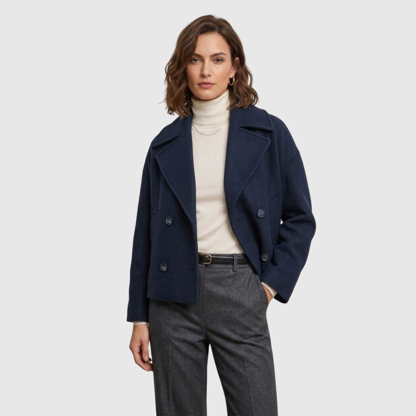 Manteau court femme croisé col large manches longues coupe droite