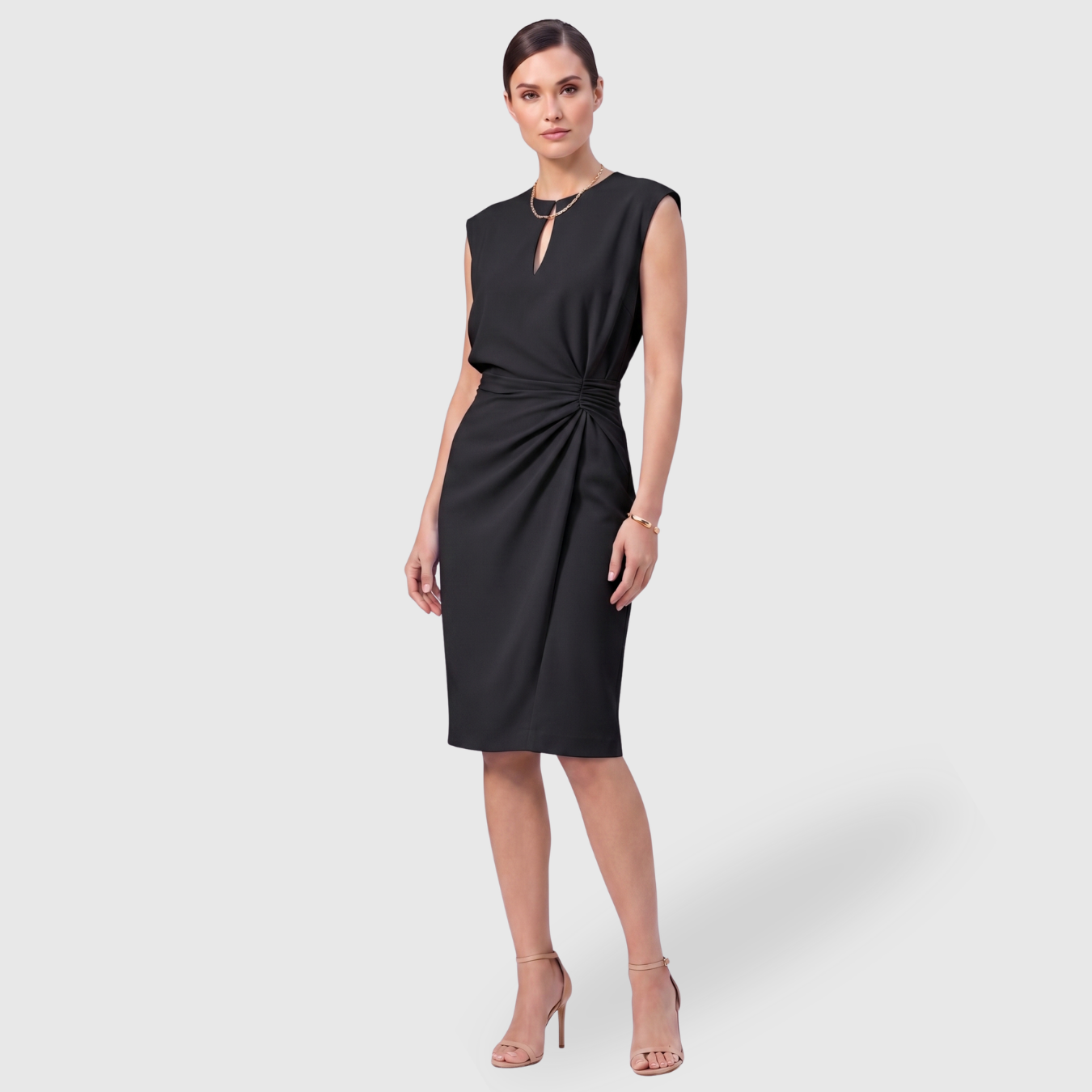 Robe midi femme col goutte d’eau sans manches taille froncée ajustée