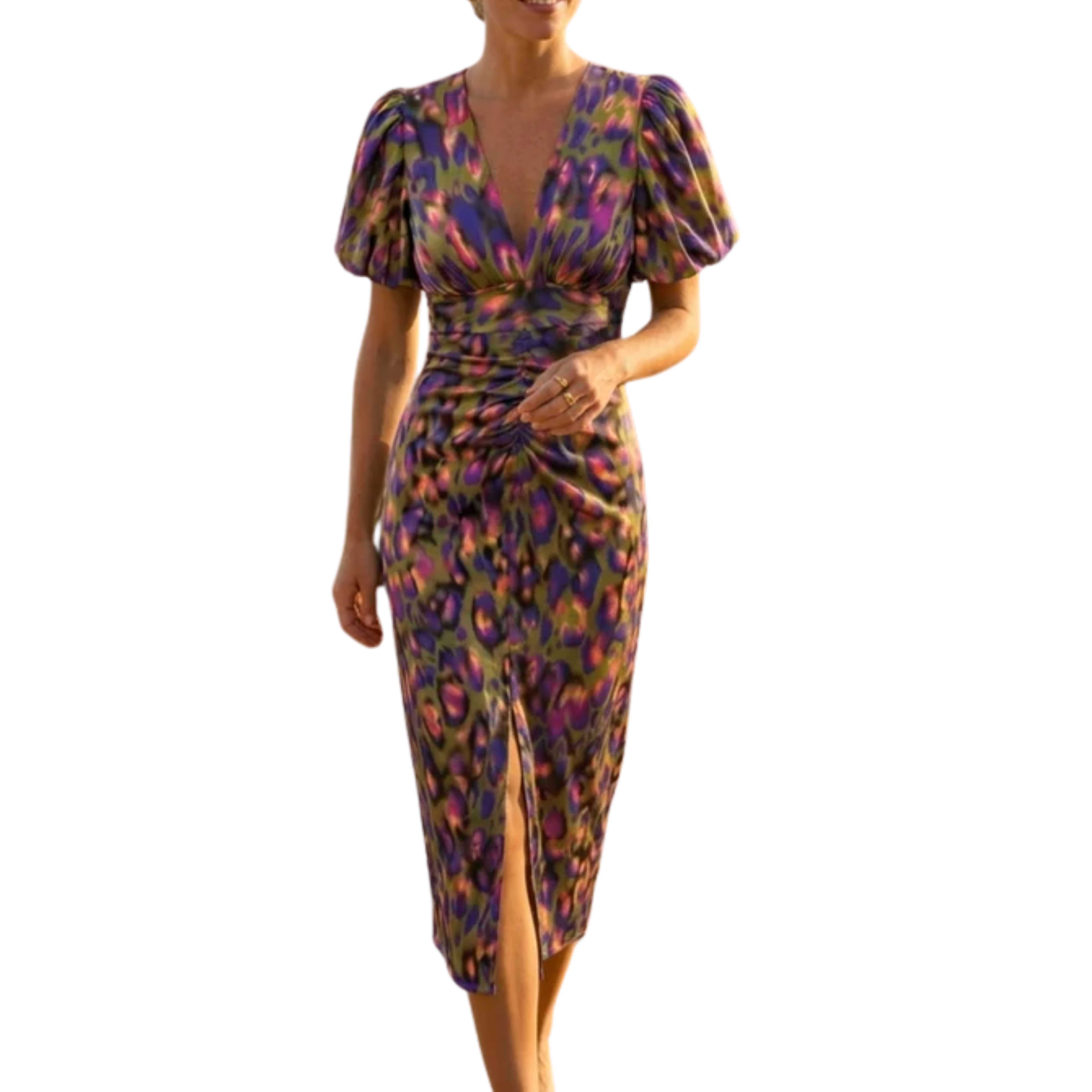 Robe longue imprimée — col en v et manches volume — fête