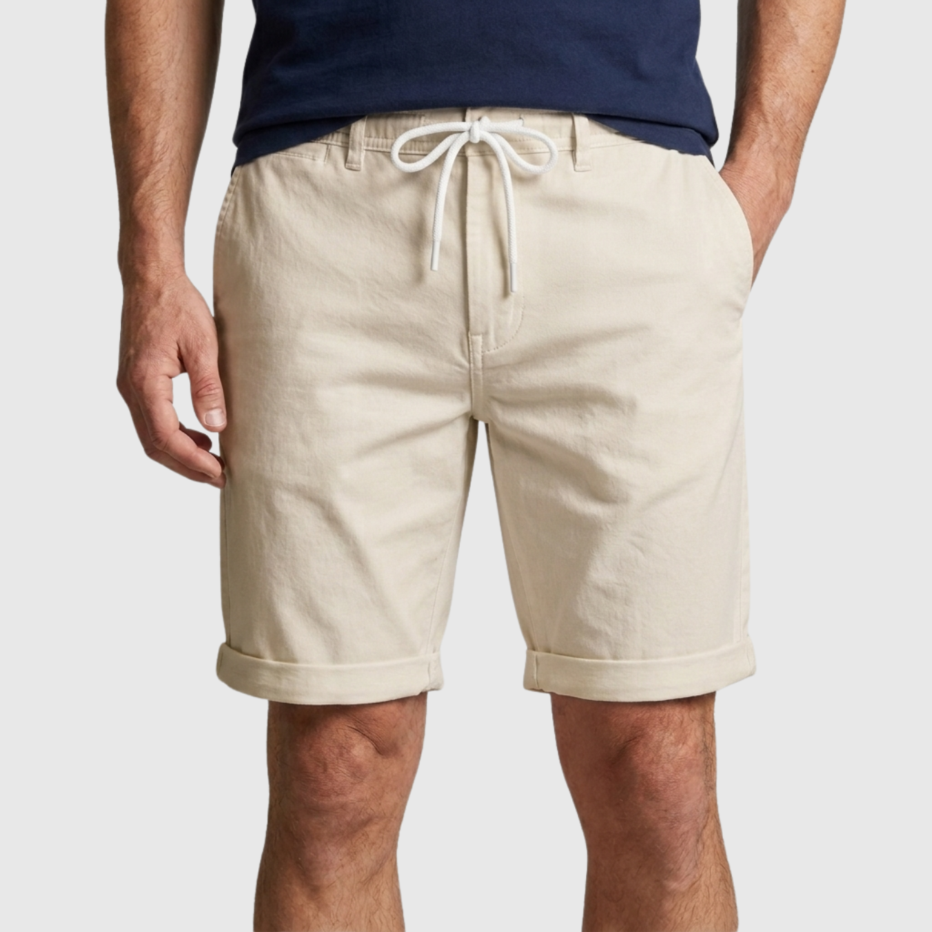 Short homme lin taille élastique à cordon coupe droite