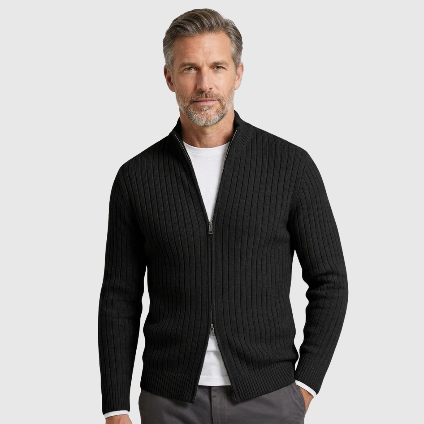 Gilet homme maille côtelée zippé col montant coupe ajustée
