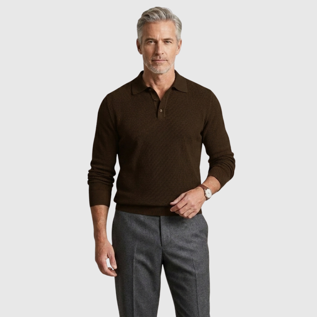 Polo homme manches longues coton mélangé col boutonné coupe droite