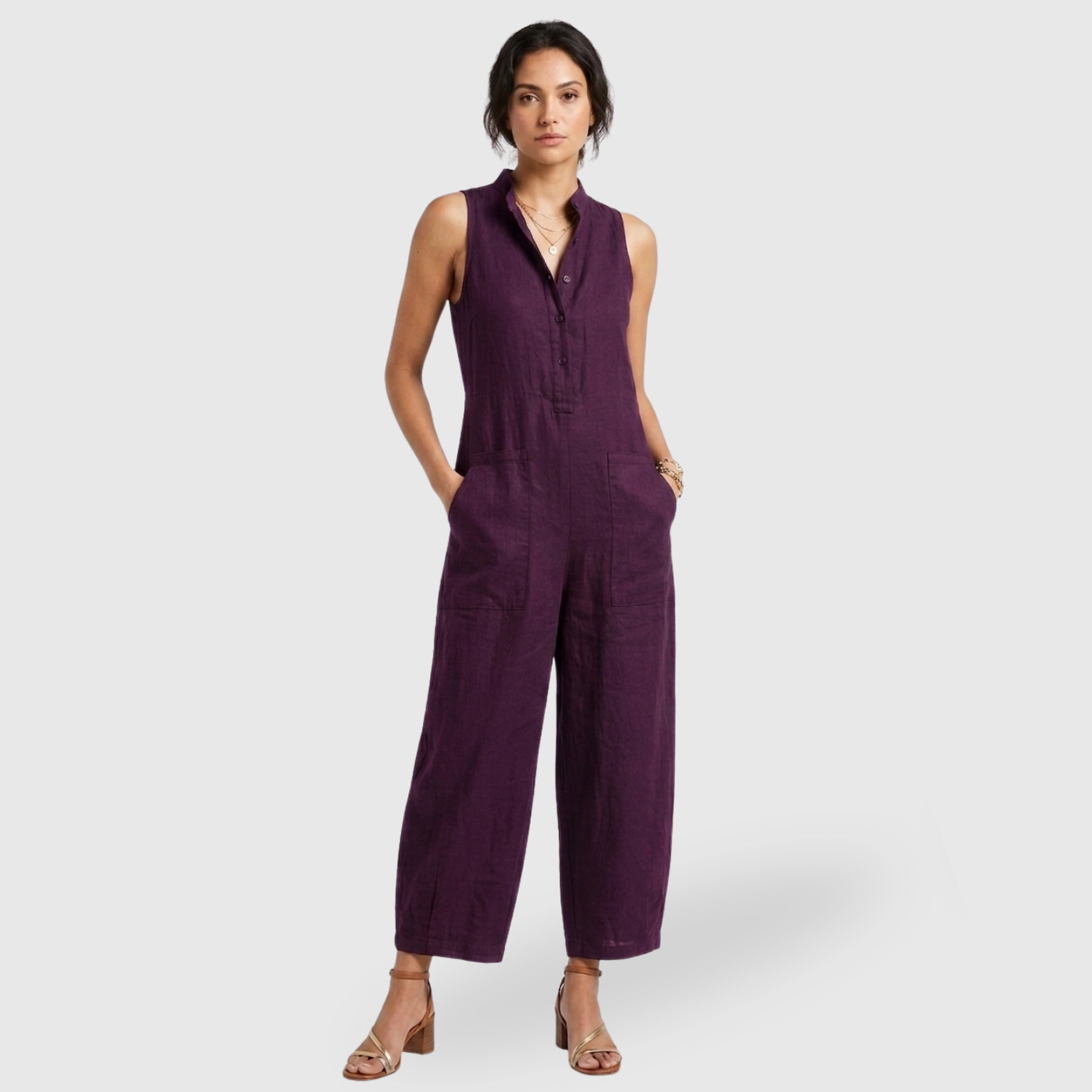 Combinaison femme lin mélangé sans manches coupe ample