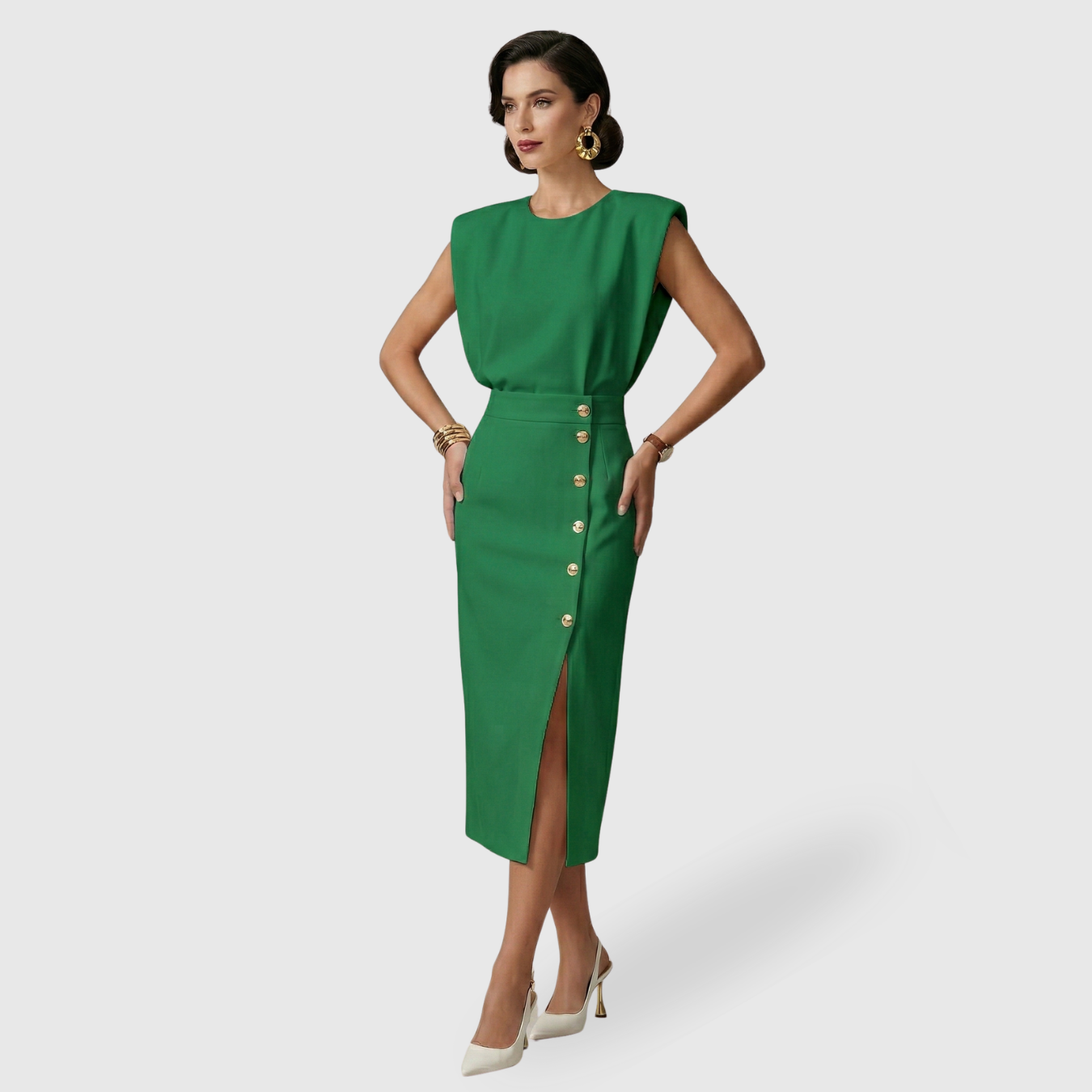 Robe midi femme sans manches ceinturée fente avant fermeture boutonnée