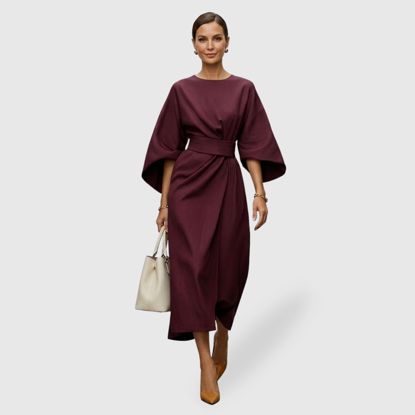 Robe femme manches lanternes coupe fluide élégante mi-longue