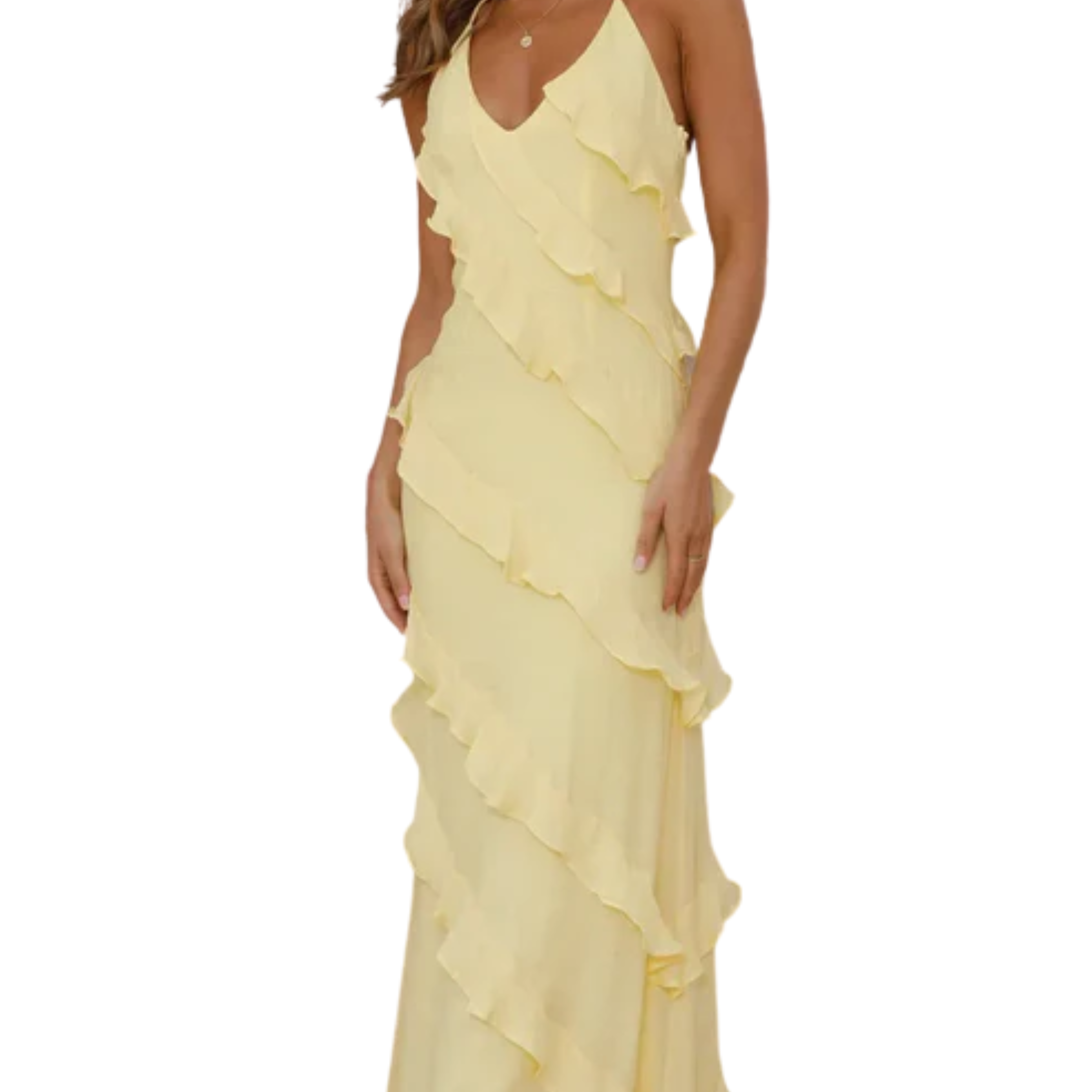 Robe longue à étages femme — col licou V pour soirée et fête — vacances
