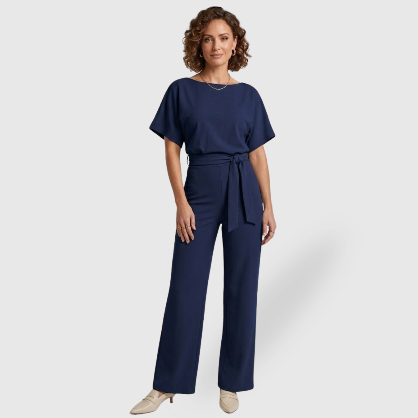 Combinaison pantalon femme manches courtes taille ceinturée coupe large