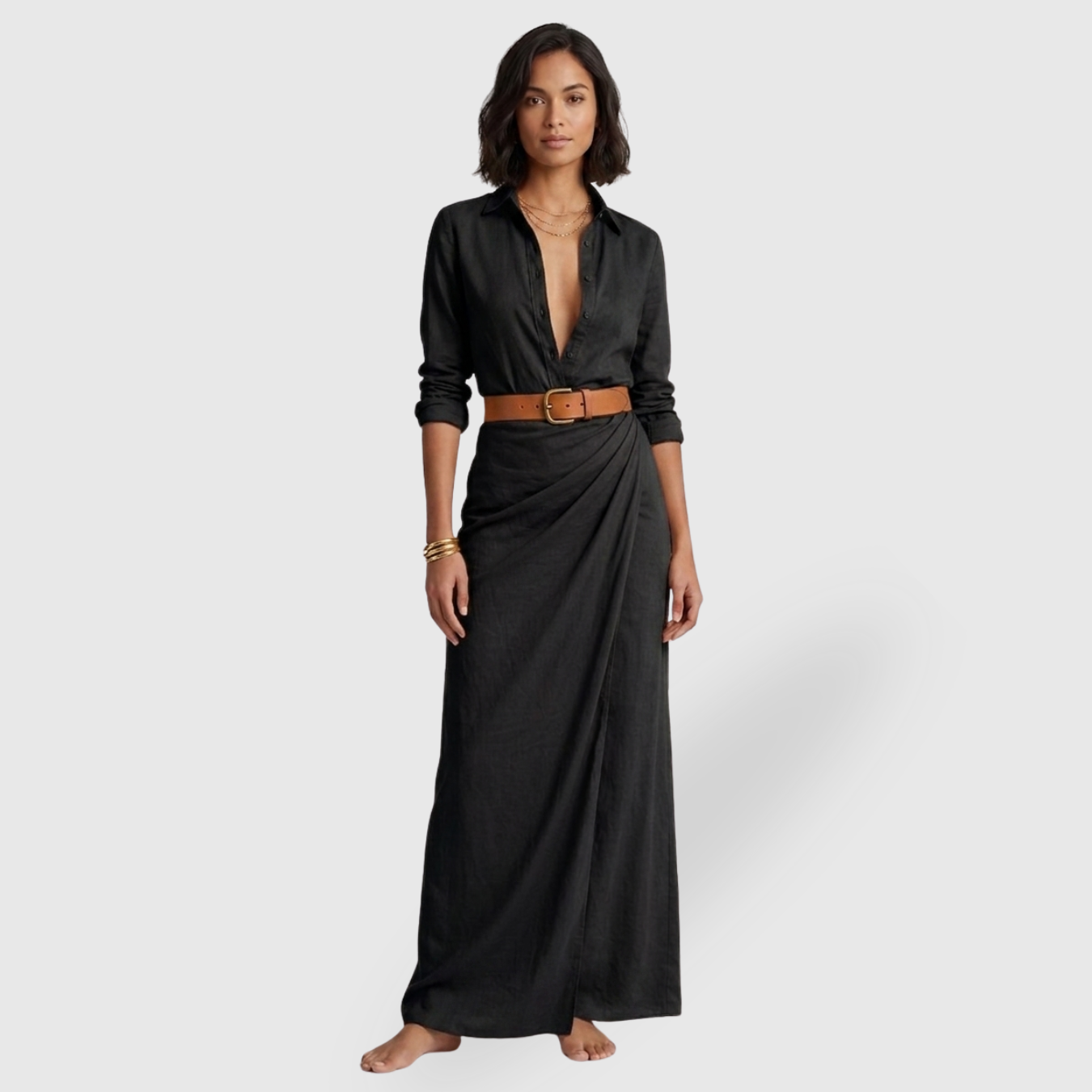 Robe longue portefeuille femme col revers manches longues