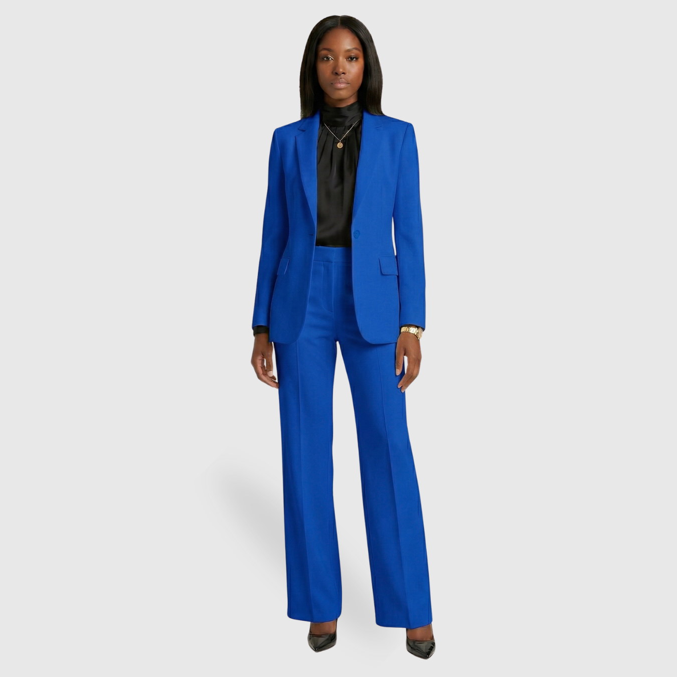 Ensemble tailleur femme blazer ajusté pantalon large fermeture boutonnée