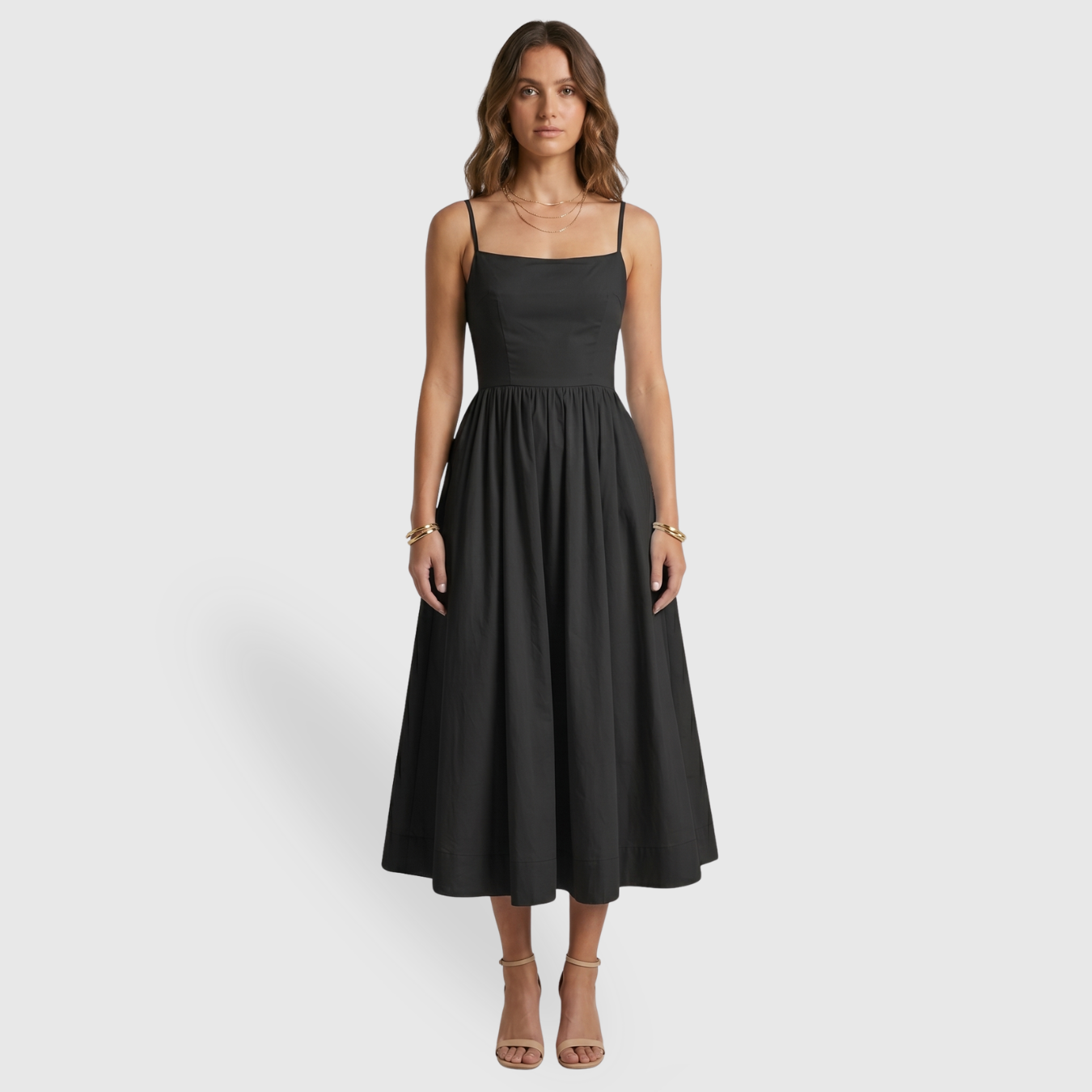 Robe midi femme bretelles fines coupe cintrée jupe évasée taille marquée
