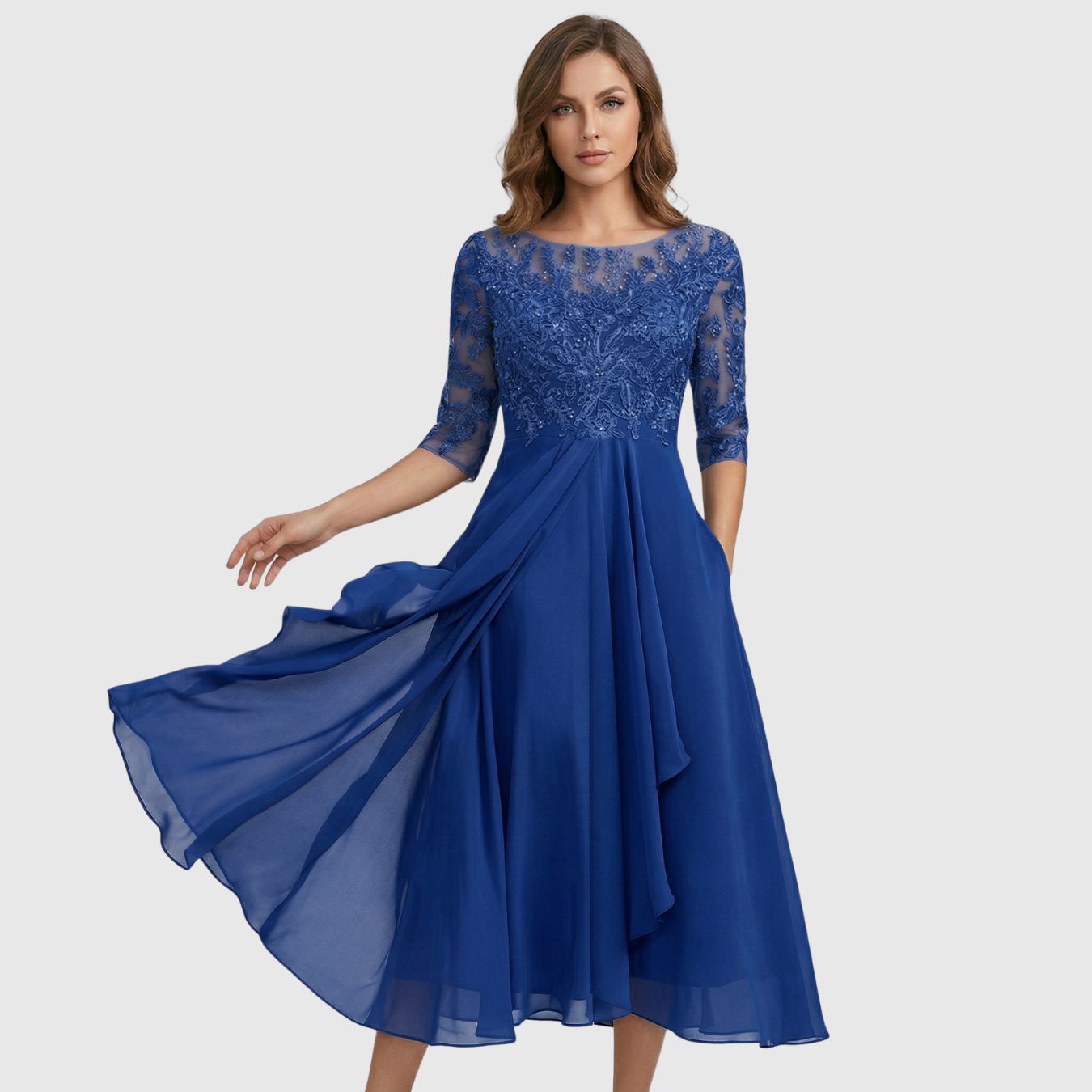 Robe midi femme brodée manches courtes transparentes coupe évasée