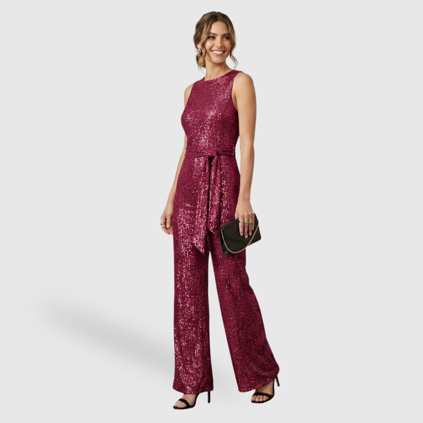 Combinaison femme pailletée pantalon large sans manches ceinturée