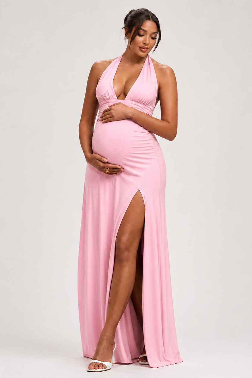 Robe Maxi Maternité Col Licou Dos Nu Fente Latérale