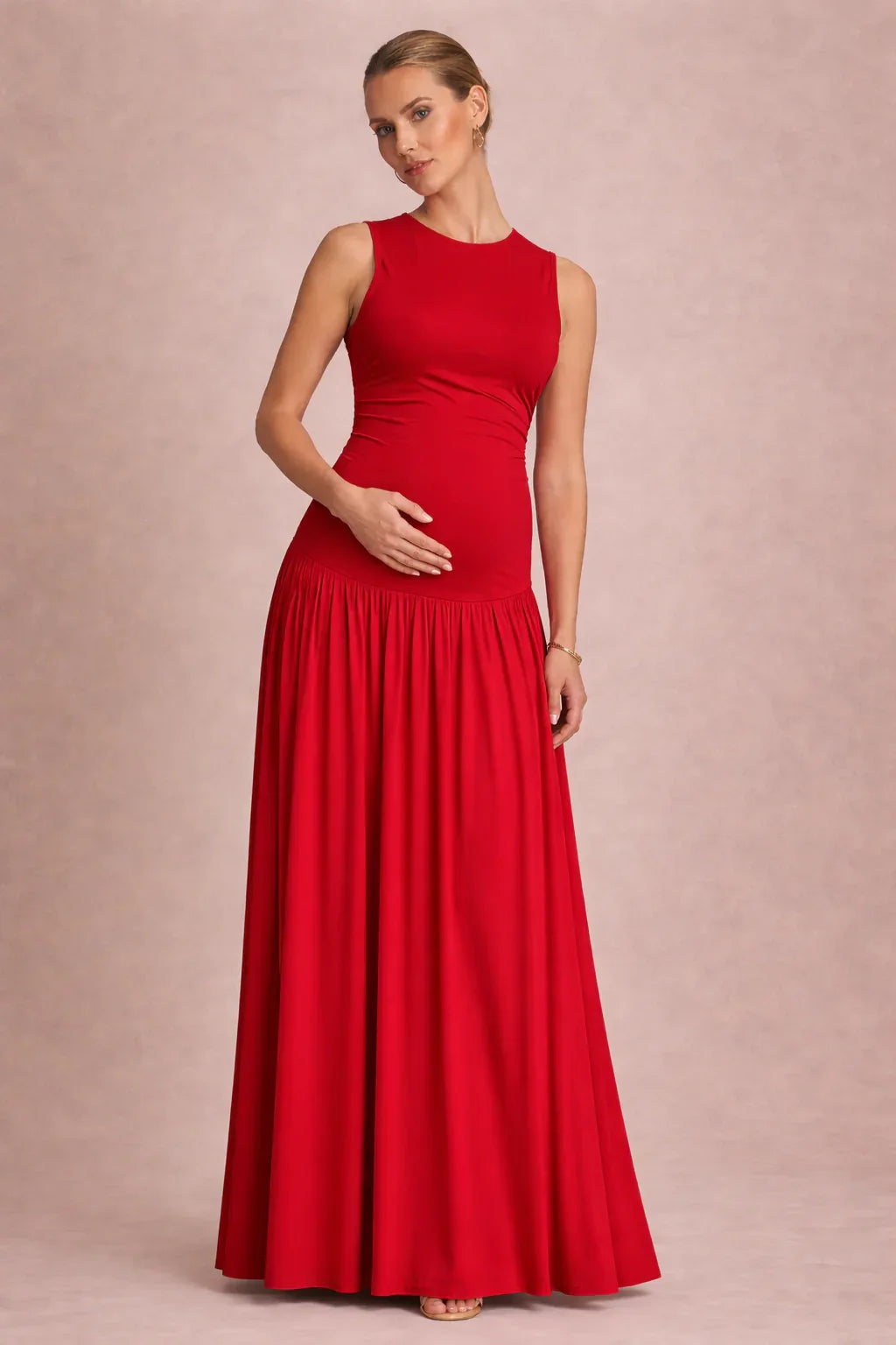 Robe Maxi Maternité Sans Manches Col Rond Plissée