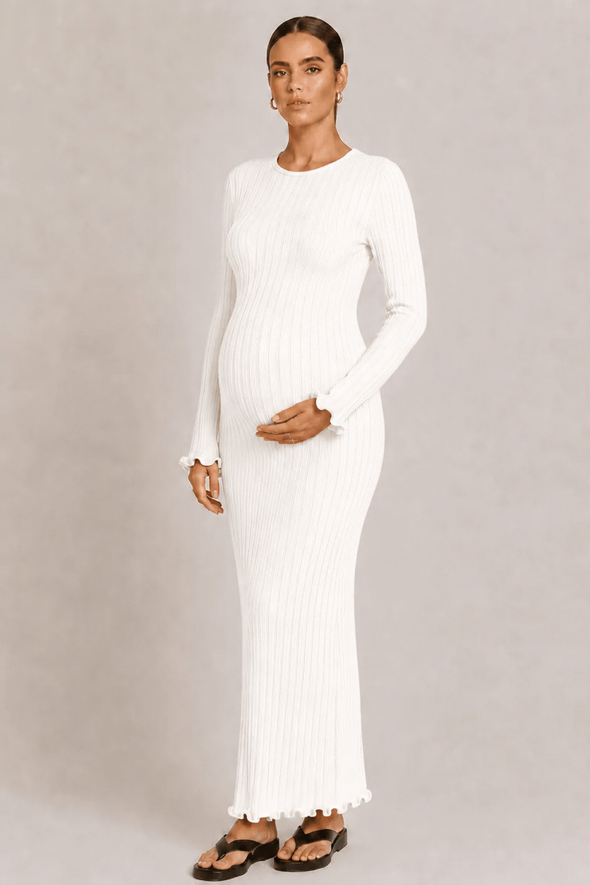 Robe Maxi Maternité Tricot Côtelé Manches Longues Col Rond