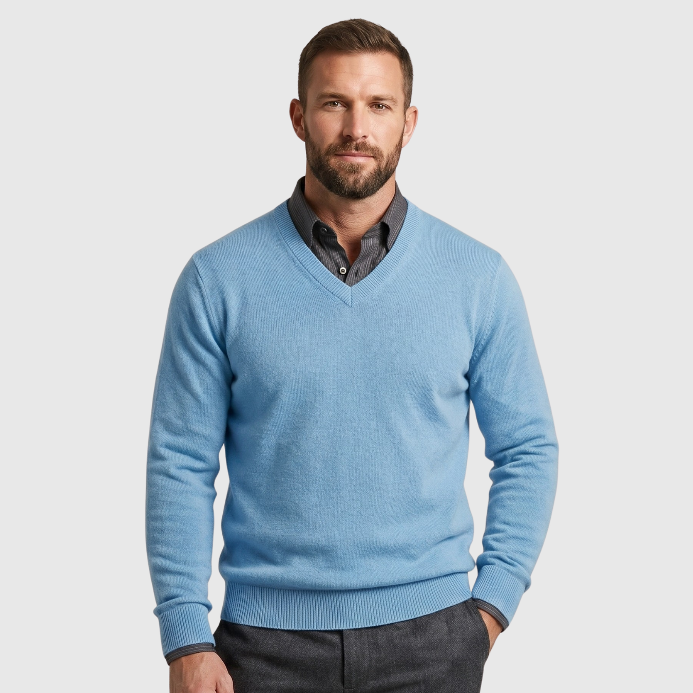 Pull homme cachemire col V coupe ajustée manches longues