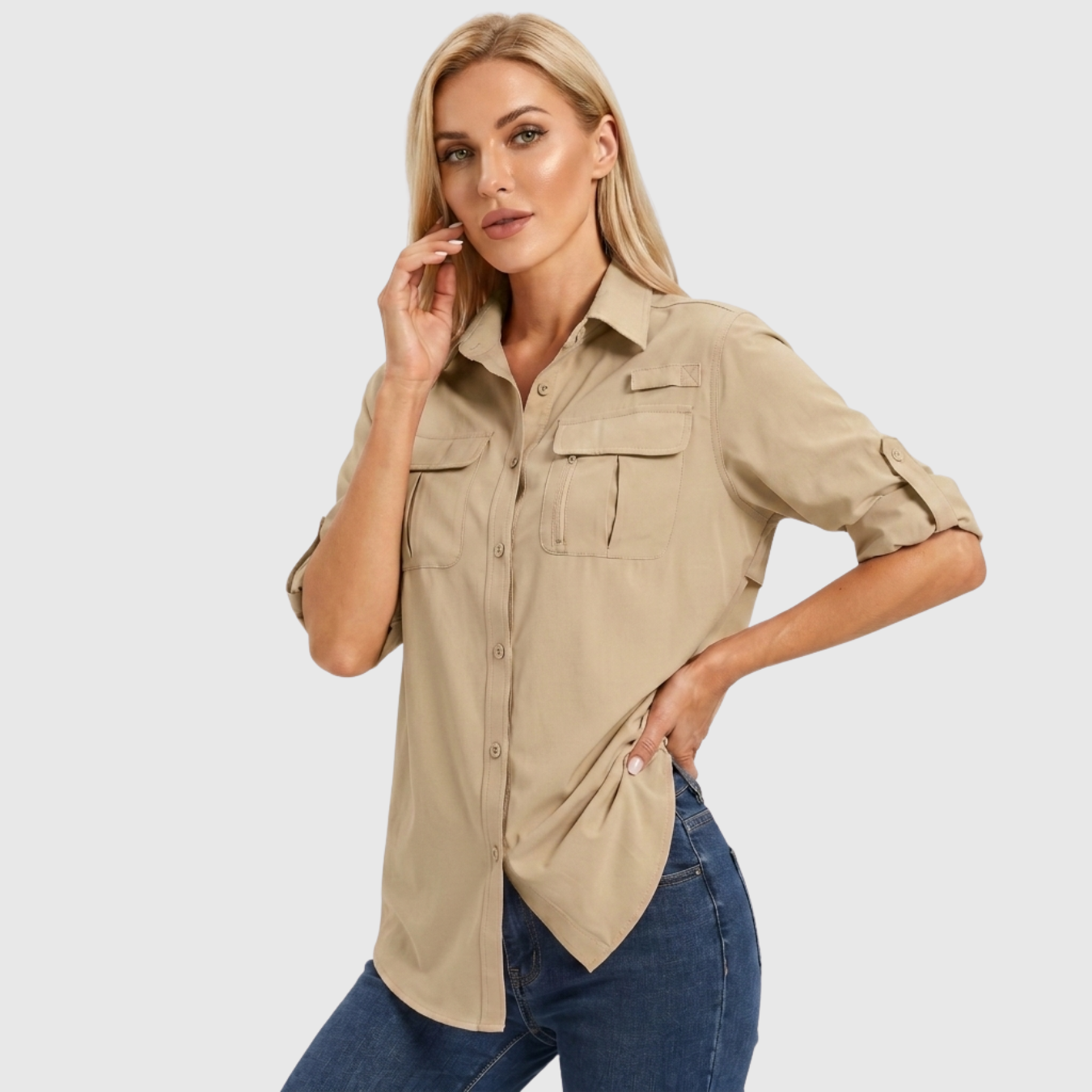 Chemise femme manches longues boutonnée poches safari coupe décontractée