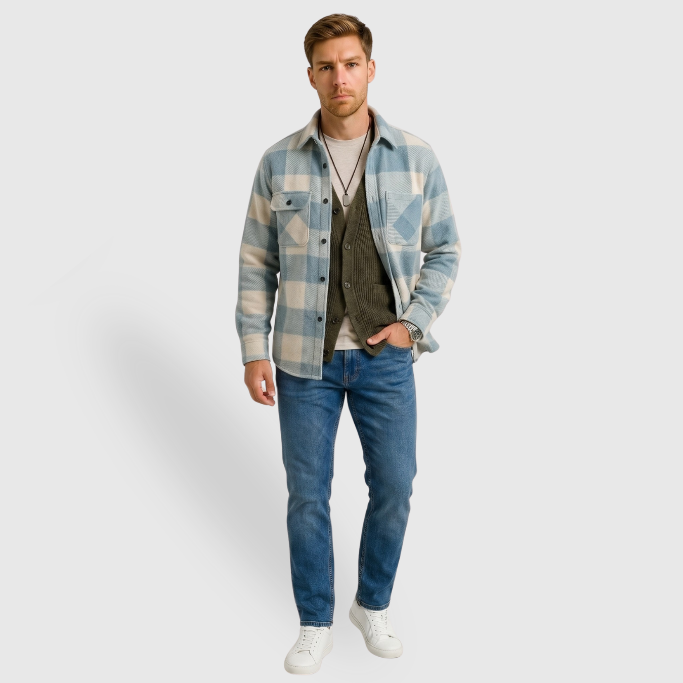 Chemise homme à carreaux coton polyester manches longues coupe décontractée