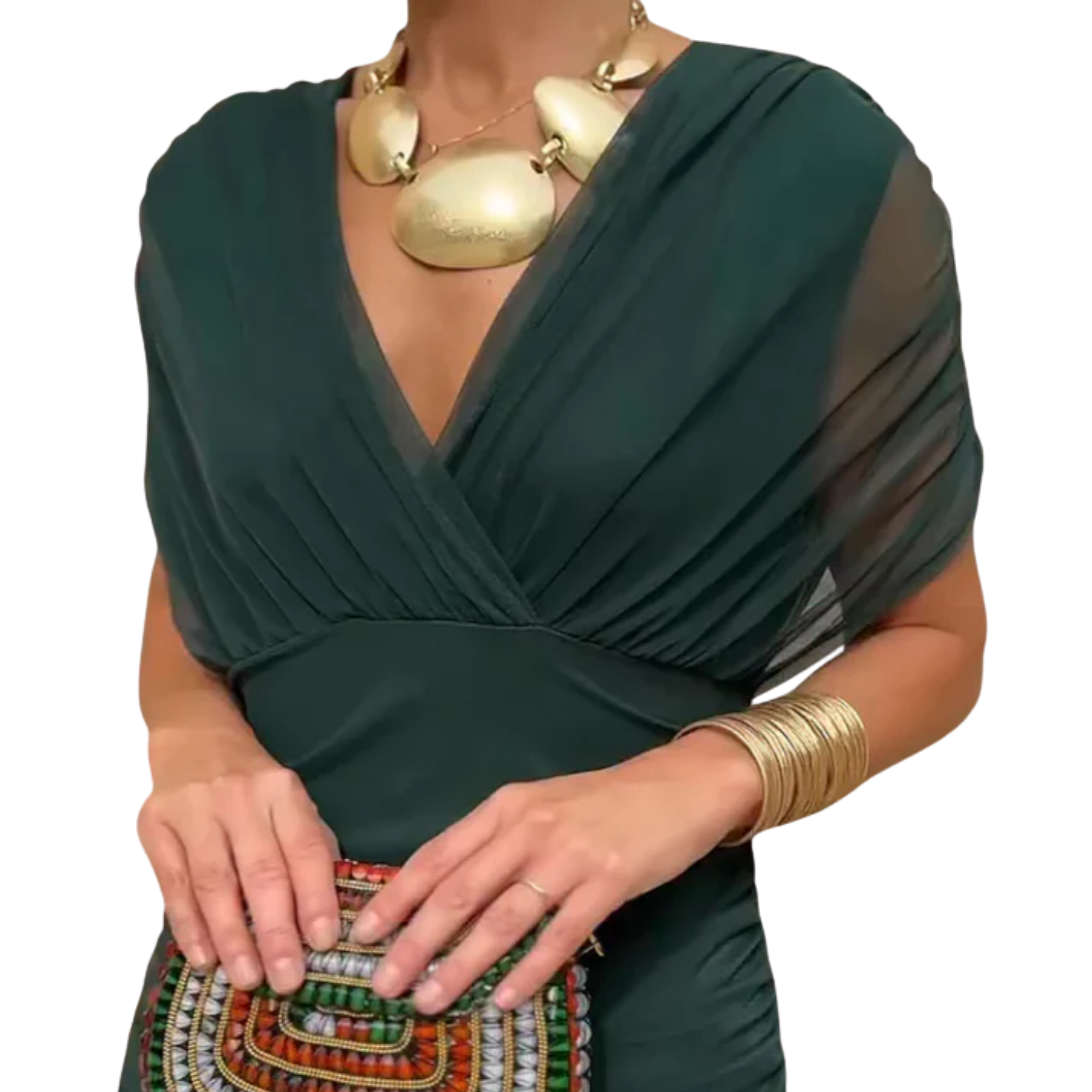 Robe maxi évasée — col en V et manches flottantes — cérémonie