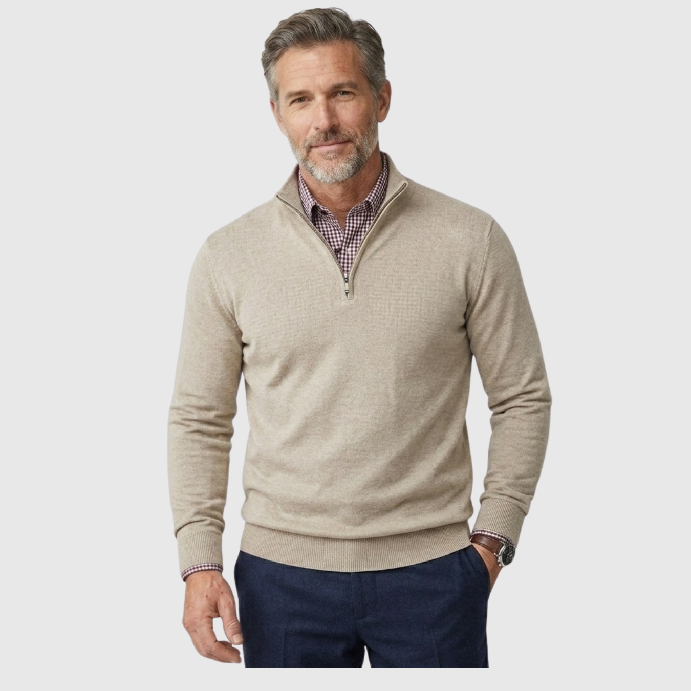 Pull homme col zippé demi-zip manches longues coupe ajustée
