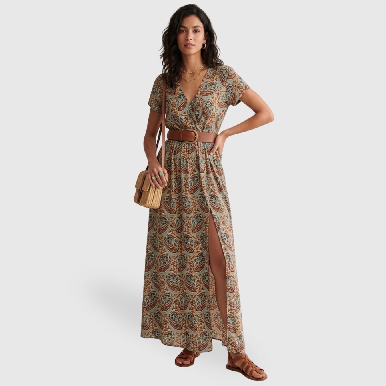 Robe longue femme bohème manches courtes col en V coupe fluide été