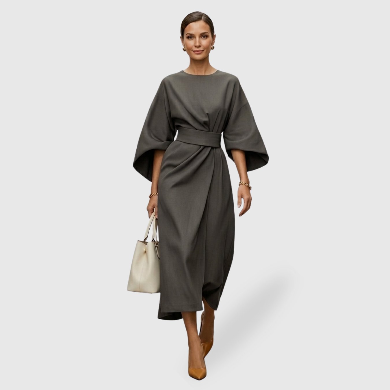 Robe femme manches lanternes coupe fluide élégante mi-longue