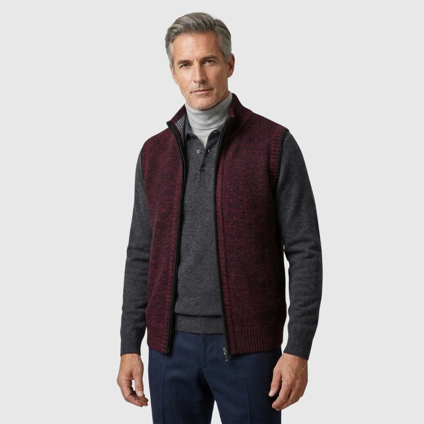 Gilet homme zippé sans manches col montant coupe ajustée tricot