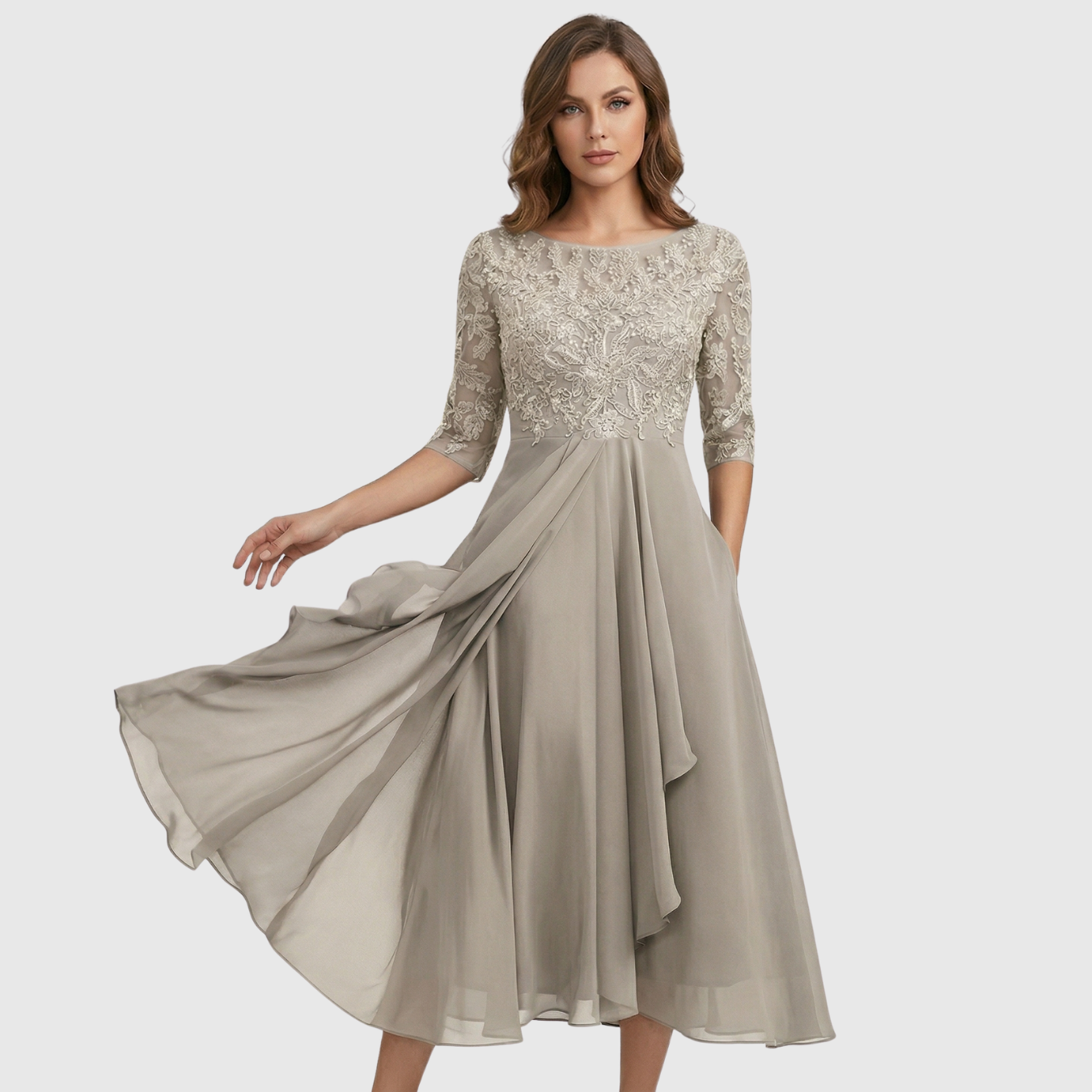 Robe midi femme brodée manches courtes transparentes coupe évasée