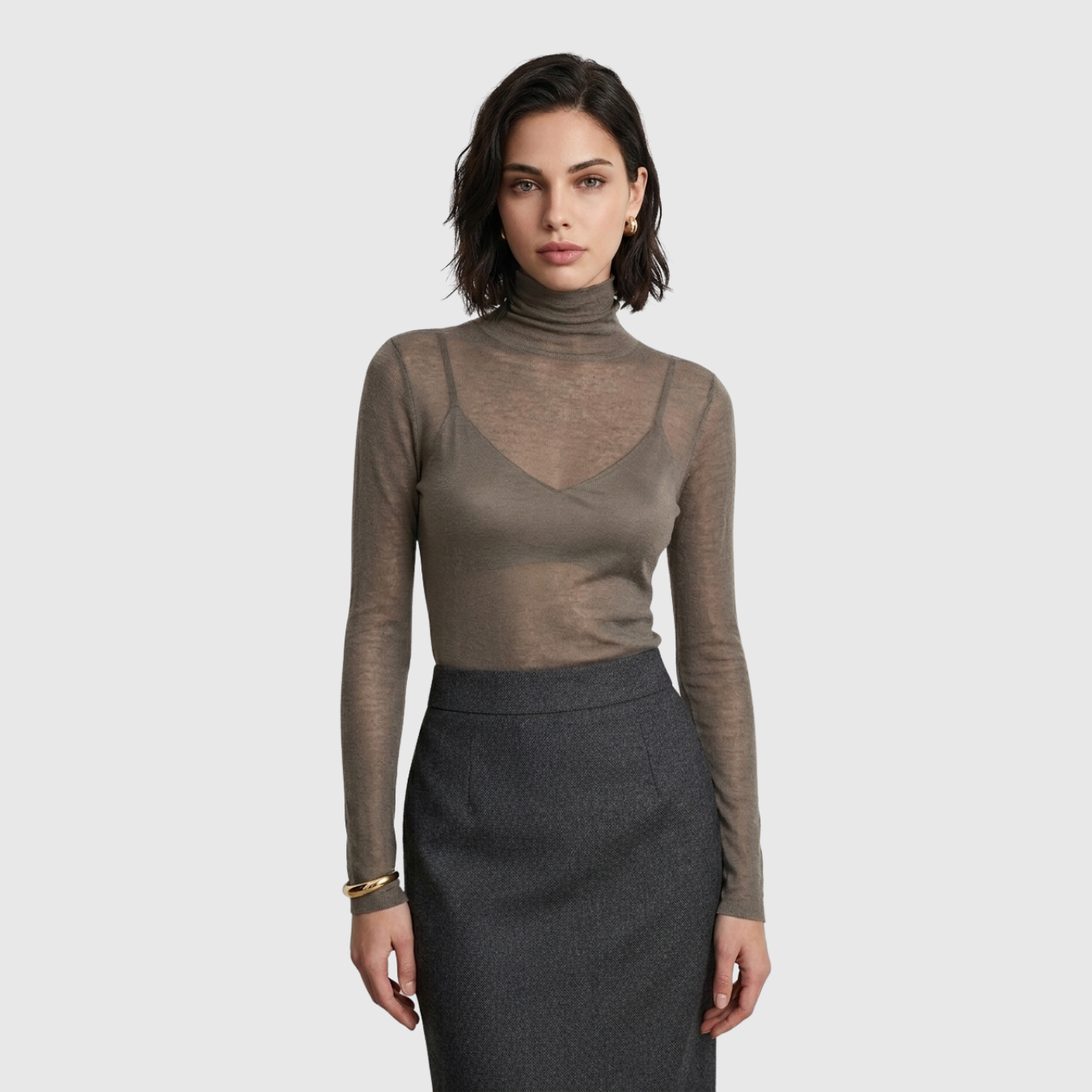 Pull col roulé femme laine mélangée maille fine transparente