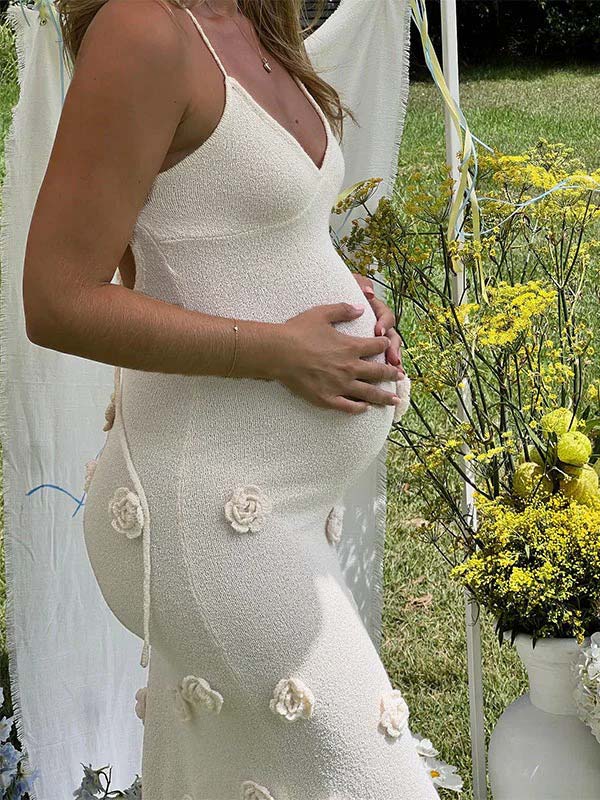 Robe Maxi Maternité Sirène Crochet Fleurs 3D Col Licou