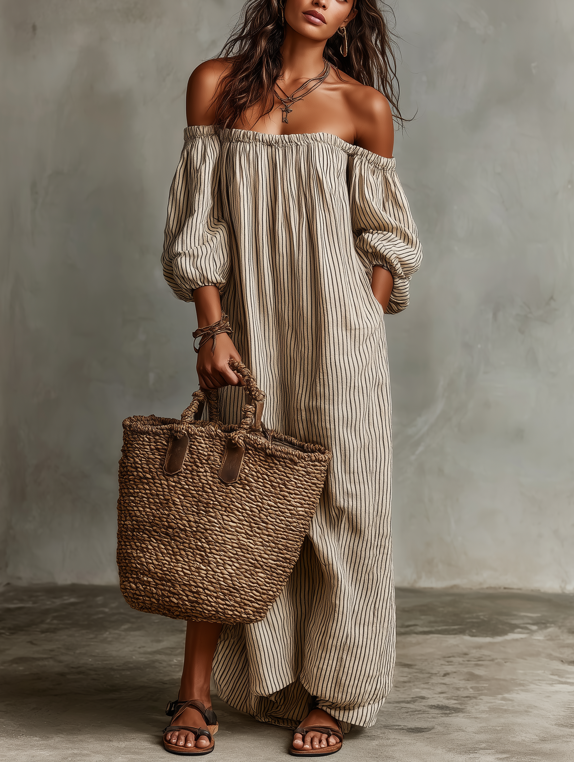 Robe maxi femme lin coton épaules dénudées manches longues