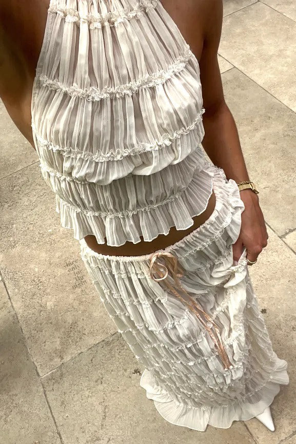 Ensemble Deux Pièces Femme Top Halter Jupe Longue Voile