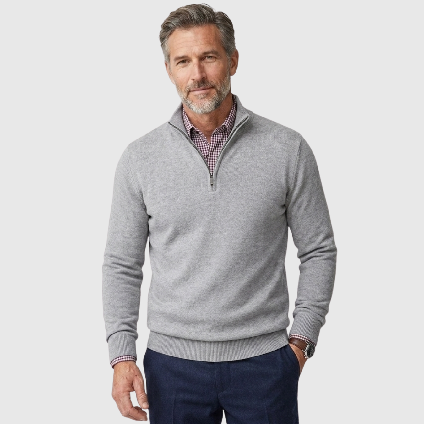Pull homme col zippé demi-zip manches longues coupe ajustée