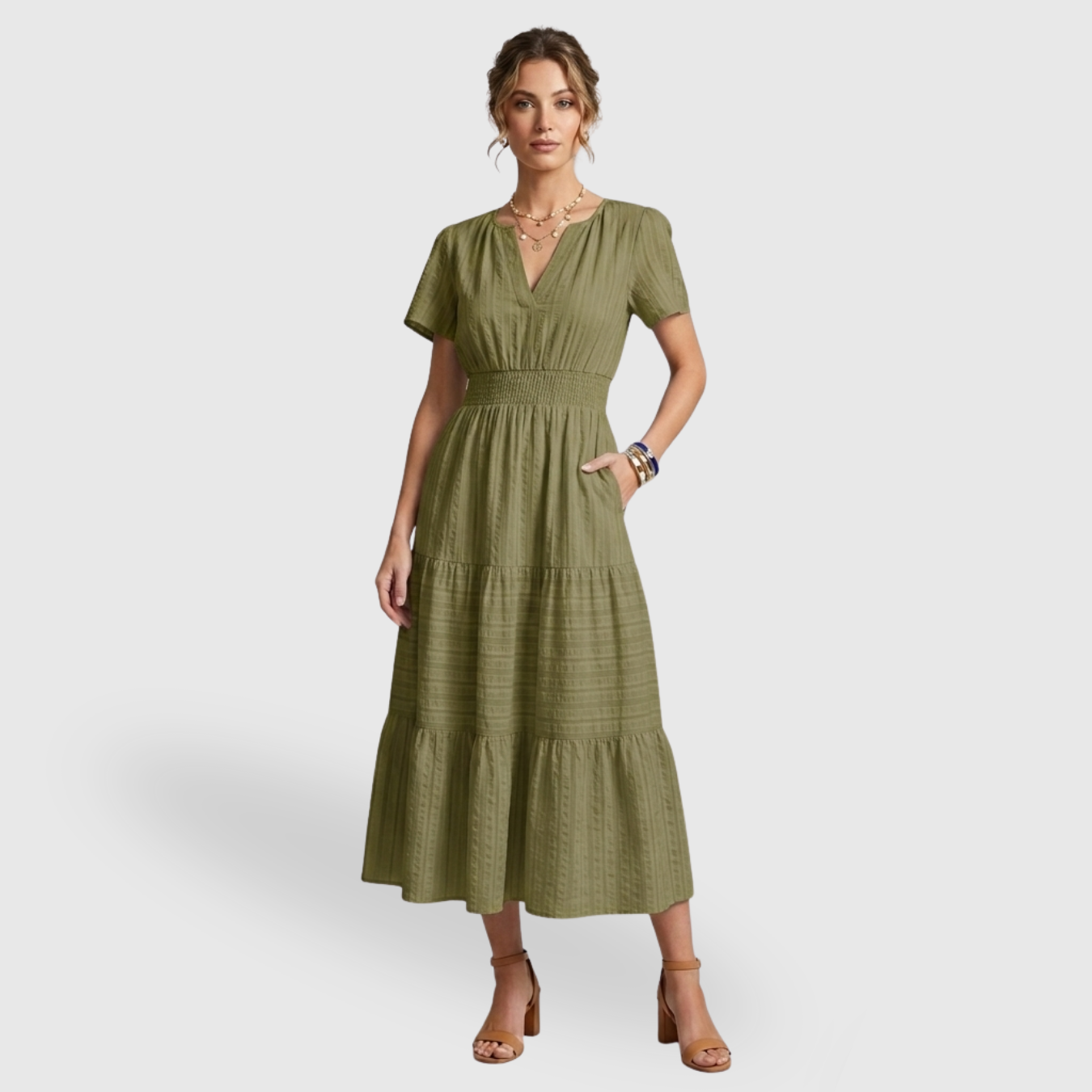 Robe longue femme bohème col V manches courtes coupe fluide